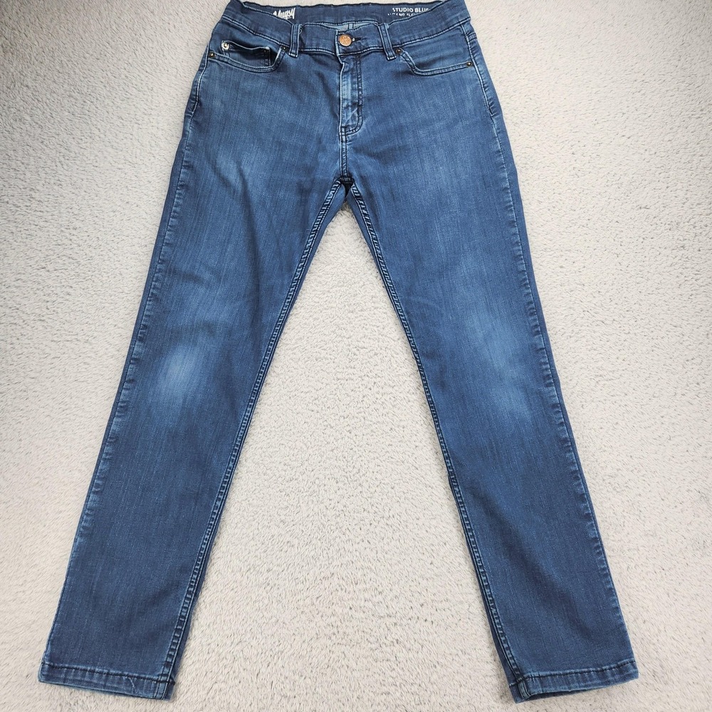 Mugsy Studio Blue Jeans Mens 33x30 Medium Wash Slim Tapered Stretch Denim Jeans